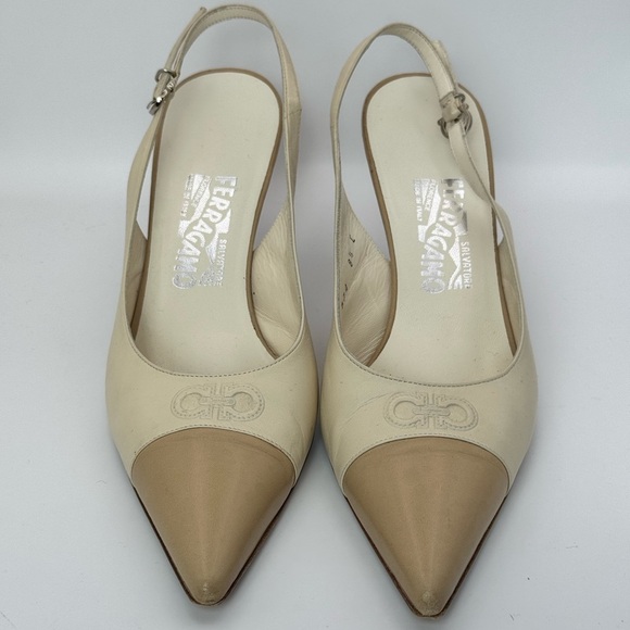 Salvatore Ferragamo Pointed Toe Slingback Heels in Beige Leather Size 8.5 - Picture 1 of 7